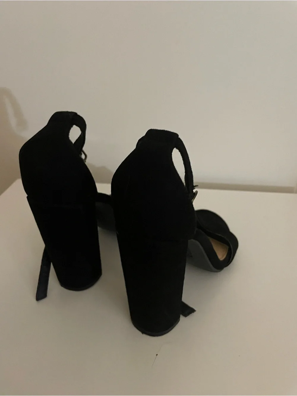 Brash Black Suede Ankle Strap Block Heels